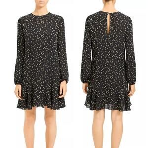 Theory Black & Yellow Star Print Silk Long Sleeve Flare Mini Dress